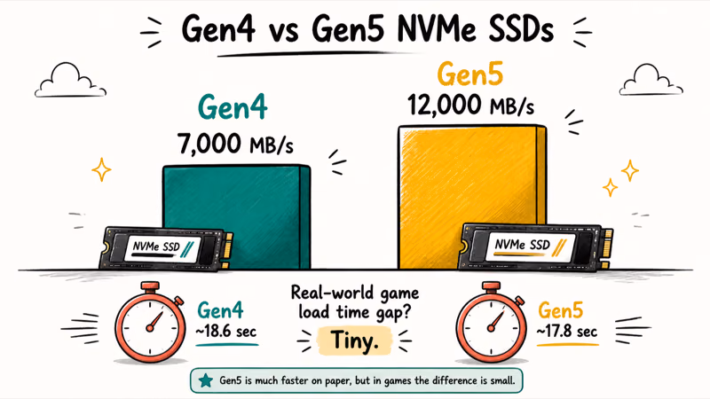 Bars comparing Gen4 and Gen5 NVMe SSD read speeds for real gaming