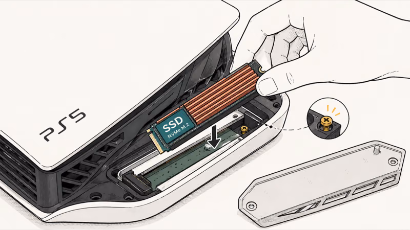 NVMe SSD with a heatsink being installed into a PS5 console expansion slot