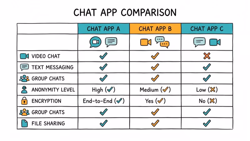 Comparison table with three chat apps showing features and compatibility