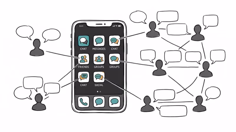 Phone screen showing chat app icons with speech bubbles and anonymous users