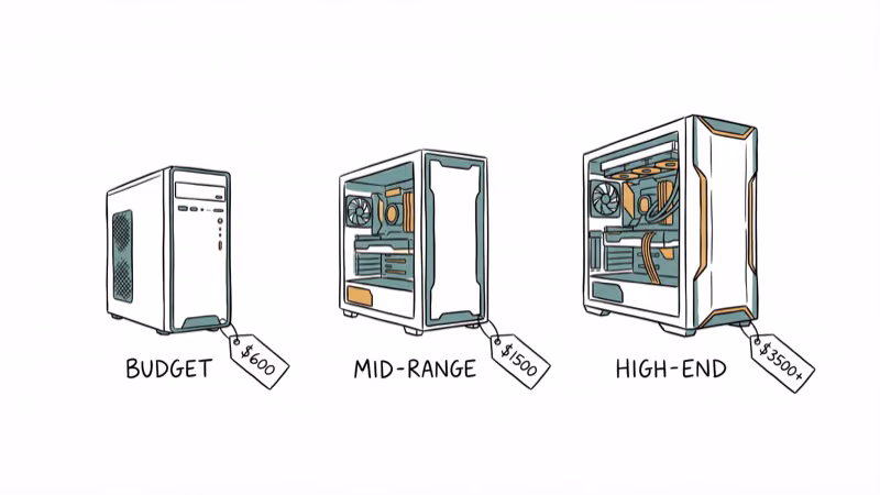 Three desktop PCs from budget to high-end representing streaming PC tiers