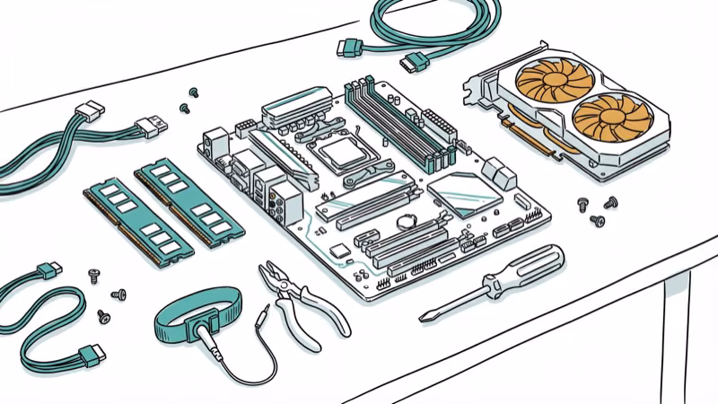 PC components laid out on desk ready for custom streaming build assembly