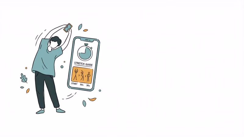 Person stretching with smartphone showing guided workout app interface