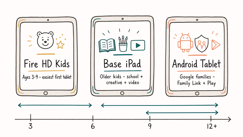 Three kids tablet picks compared by age showing Fire iPad and Android options