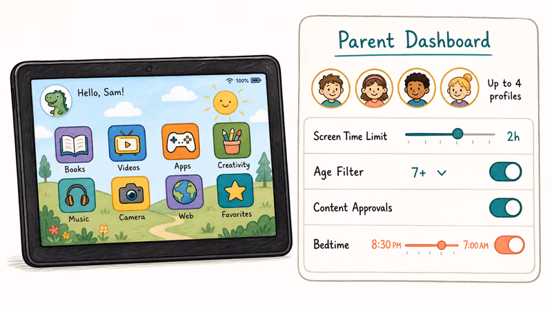 Amazon Fire parent dashboard showing child profiles screen time limits and age filters