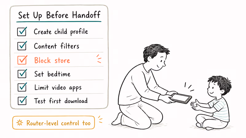 Safety setup checklist for a kids tablet completed before handing it to a child