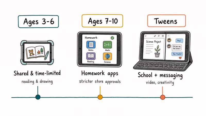 Kids tablet readiness by age band from preschool sharing to tween school device