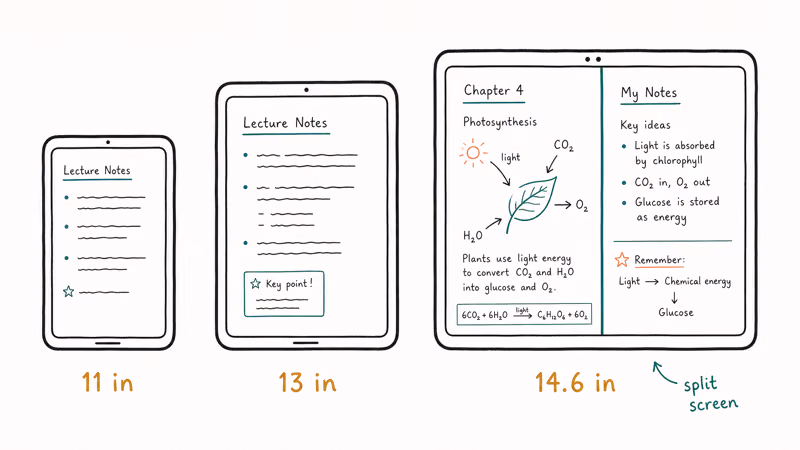 Three tablet sizes compared from eleven inch to large fourteen inch screens