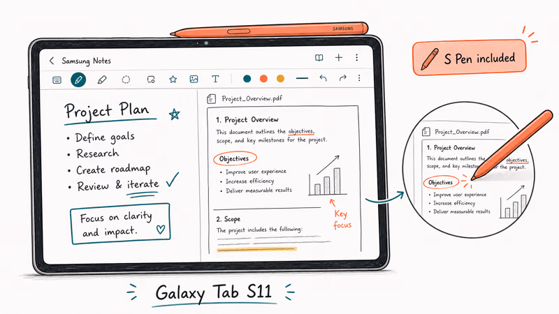 Galaxy Tab S11 with included S Pen open in Samsung Notes app