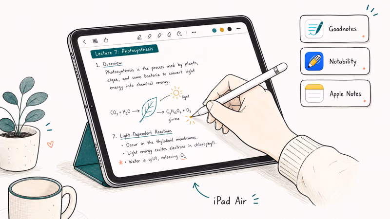 Apple Pencil Pro writing handwritten notes on an iPad Air screen