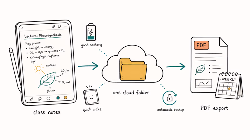 Student note workflow from tablet to cloud folder to weekly PDF export backup