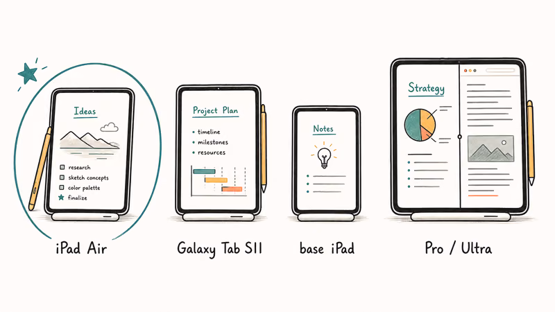 Seven note-taking tablets ranked side by side showing iPad and Galaxy picks