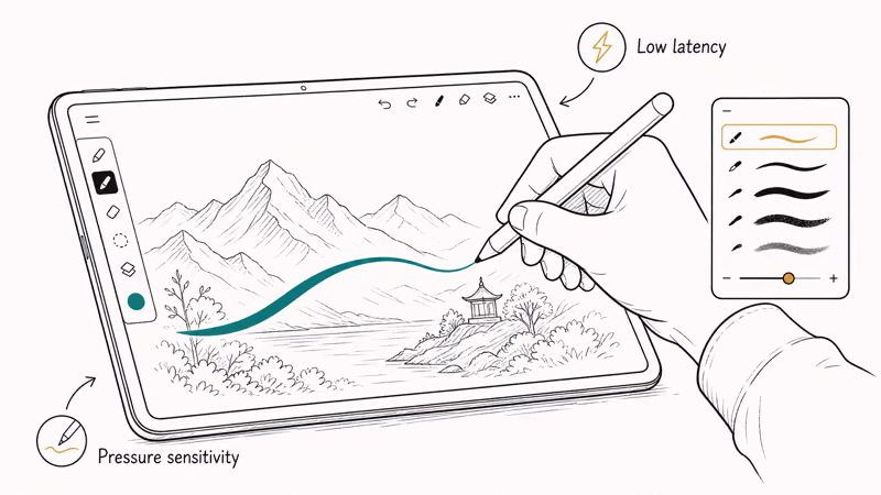 Hand sketching on a tablet screen with a stylus inside a digital illustration app