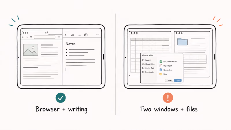 Split picture showing a tablet handling browser writing tasks but stalling on desktop multitasking