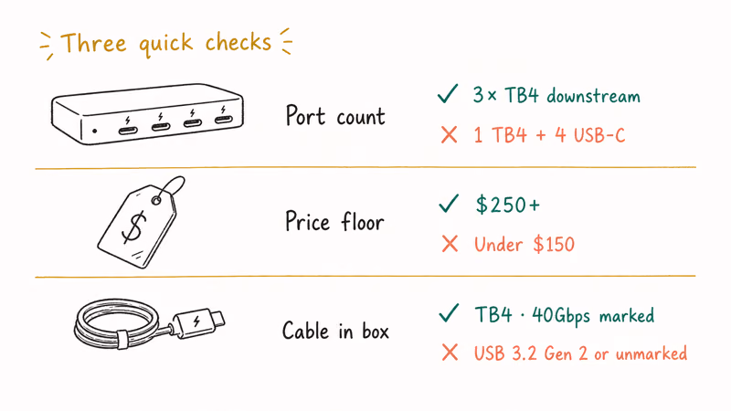Hand-drawn checklist showing port count, price, and cable rating to spot fake Thunderbolt 4 docks.