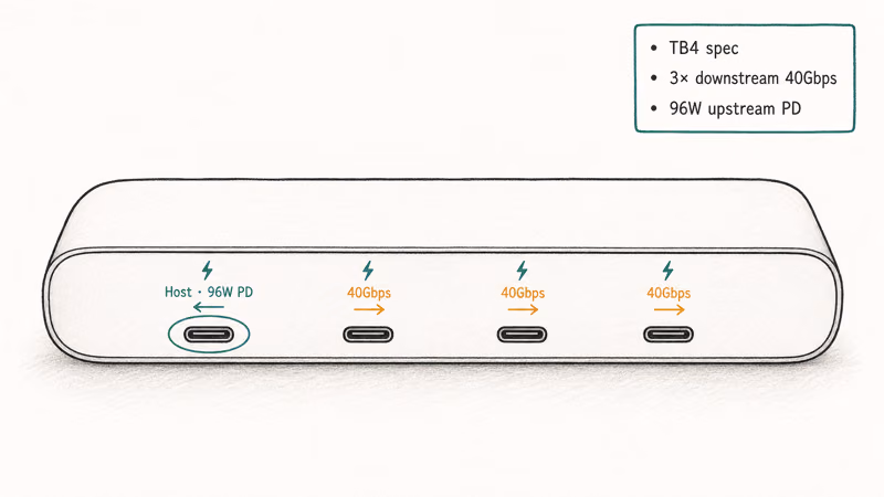 Hand-drawn Thunderbolt 4 dock diagram showing three downstream forty-gigabit ports plus one upstream port.