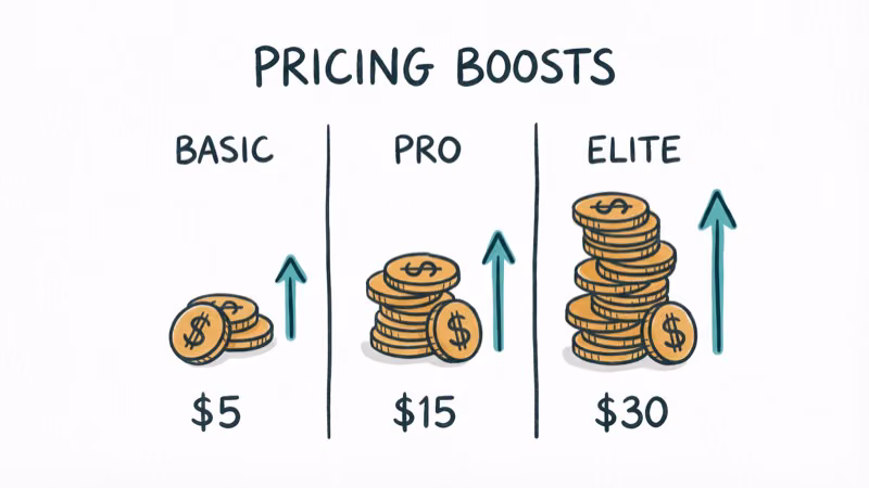 Pricing tiers showing Tinder Boost cost per unit from single to bulk packs