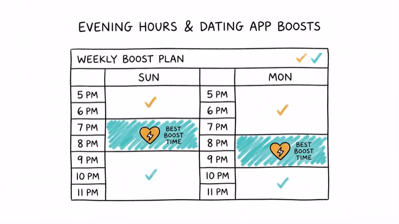Weekly calendar highlighting best evening hours for Tinder Boost activation
