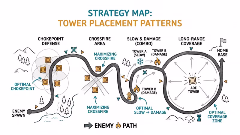 Strategy map showing tower placement patterns with enemy paths and optimal positions