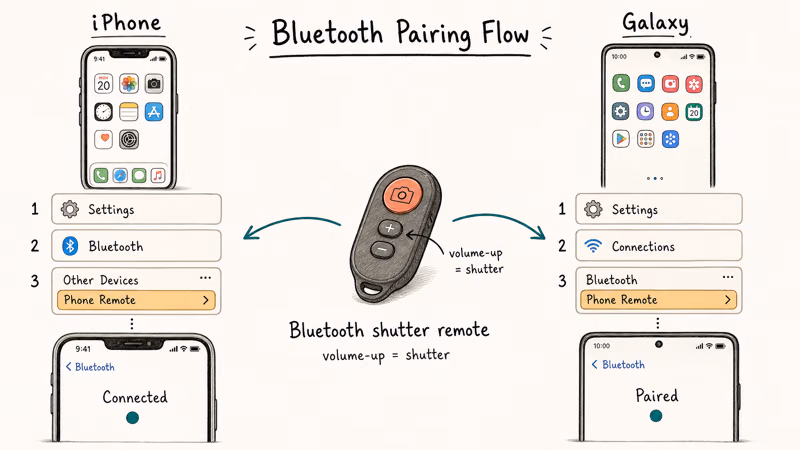 Hand-drawn pairing steps for iPhone and Galaxy connecting to Bluetooth shutter remote.