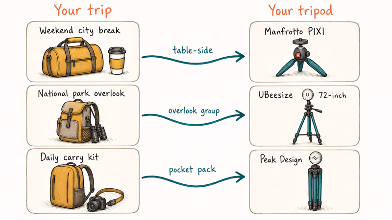 Hand-drawn matching grid linking weekend city national park and daily-carry trips to suitable tripod picks.
