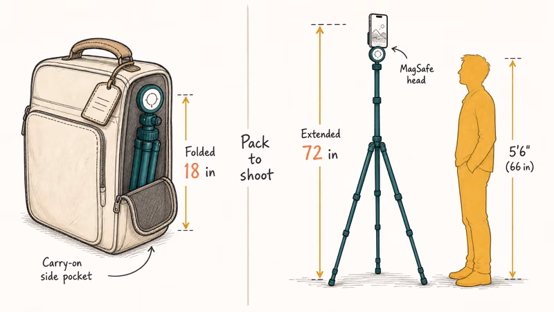 Hand-drawn comparison of folded 18-inch tripod in bag versus 72-inch extended next to person.