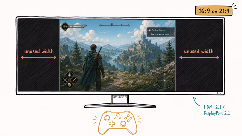 Ultrawide monitor showing a console game centered with dark pillarbox bars on both sides