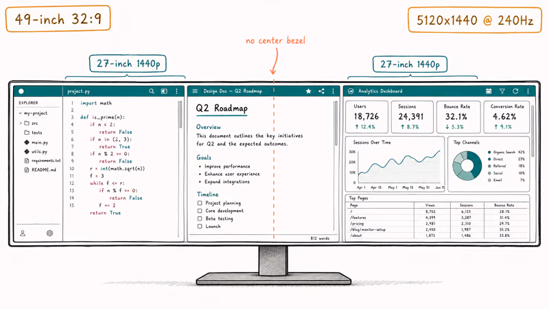 Wide 49-inch super ultrawide displaying three windows side by side equal to two stitched monitors
