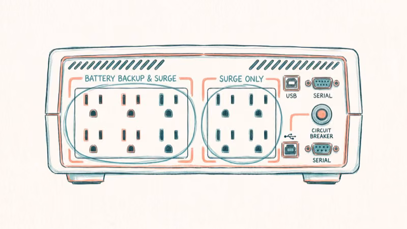 UPS outlet layout showing battery backup and surge only ports
