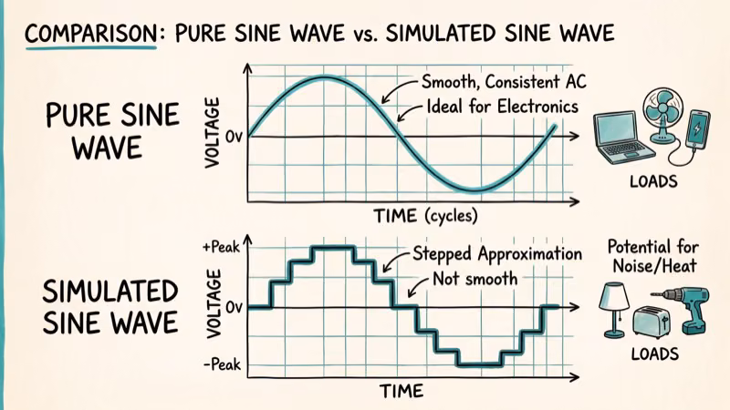 Pure sine wave versus simulated sine wave UPS output comparison