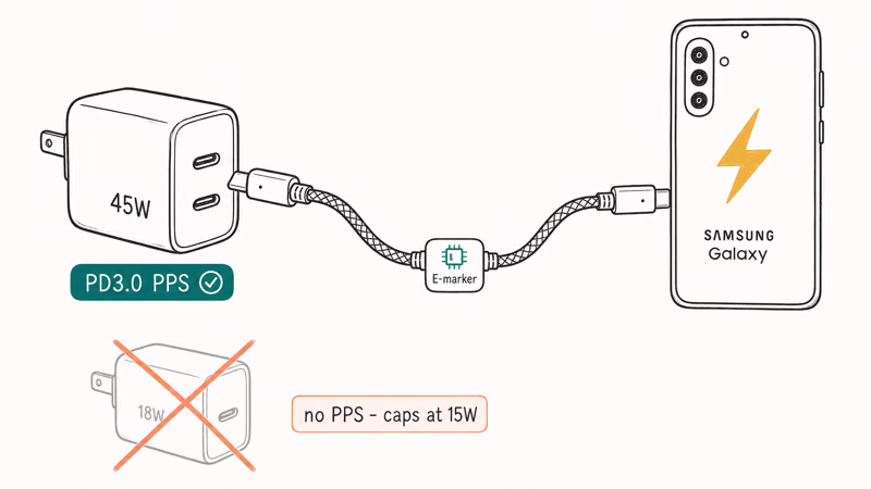 Hand drawn Samsung 45W GaN wall brick paired with E-marked USB-C cable and Galaxy phone showing PPS profile