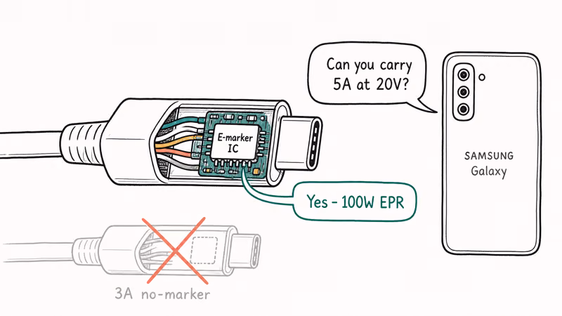 Hand drawn USB-C cable cross section showing E-marker chip handshake with Samsung Galaxy phone for 5A power negotiation