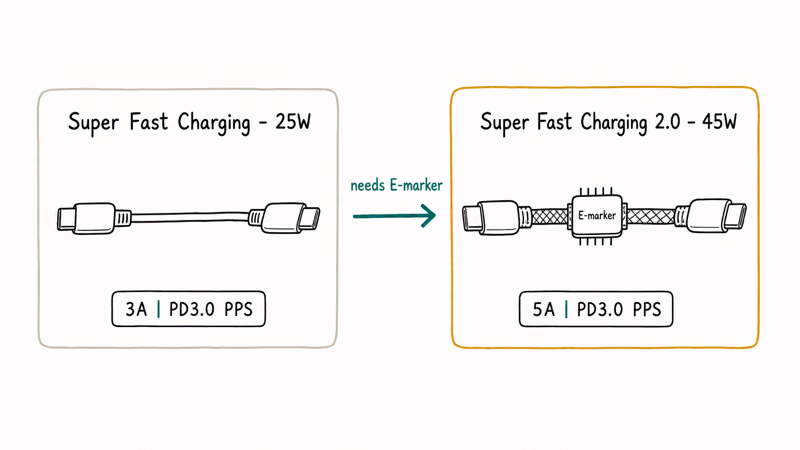 Side by side hand drawn diagram comparing Samsung 25W and 45W USB-C cable spec requirements with E-marker callout