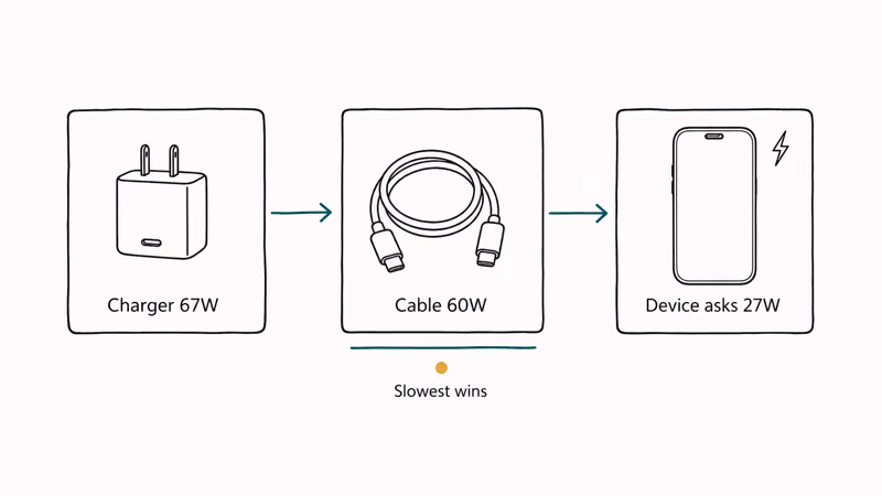 Three chained boxes showing charger brick cable rating and device charging request as the three speed limits.