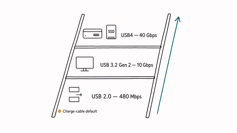 Ascending ladder of USB-C cable data speeds from USB two through USB three Gen two to USB four.