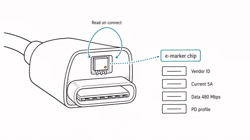 Cutaway view of a USB-C connector hood with the small e-marker chip inside labeled with its stored fields.