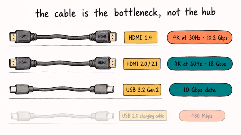 Three labeled HDMI and USB-C cable tiers with bandwidth pills from 480Mbps to 18Gbps