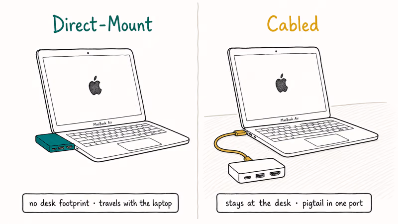 Direct-mount hub clipped to laptop next to cabled hub sitting on desk with pigtail