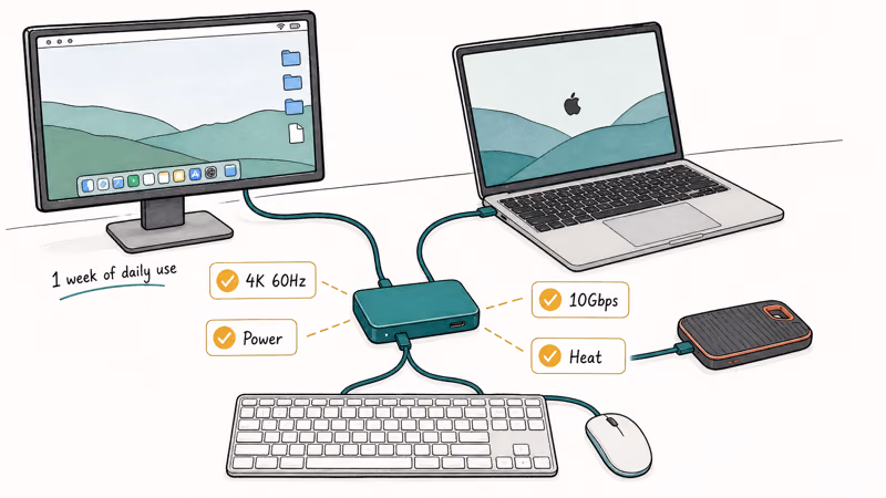 Hand-drawn desk test bench with MacBook, USB-C hub, 4K monitor, SSD, and keyboard