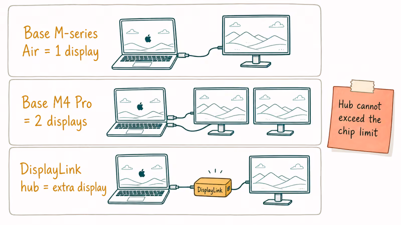 Hand-drawn guide showing how many external monitors each MacBook chip and DisplayLink hub can drive