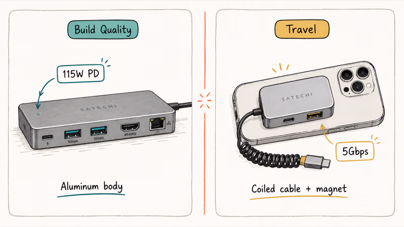 Hand-drawn comparison of aluminum Satechi desk hub versus compact magnetic travel hub with coiled cable