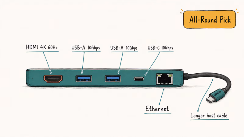Hand-drawn UGREEN Revodok Pro 109 hub with labeled ports for HDMI, USB, and Ethernet