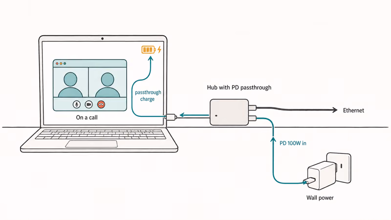 Illustration of USB-C hub passing wall power through to a laptop charging during long video call