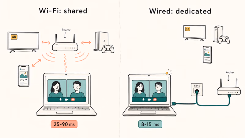 Side-by-side illustration contrasting congested Wi-Fi path with dedicated wired Ethernet to router during call