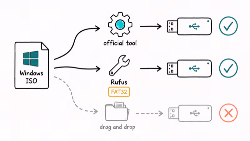 Diagram showing official tool and Rufus paths to a bootable Windows USB drive