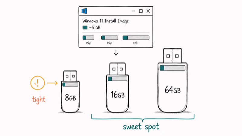 Three USB flash drive sizes compared, with 16GB to 64GB marked as the sweet spot