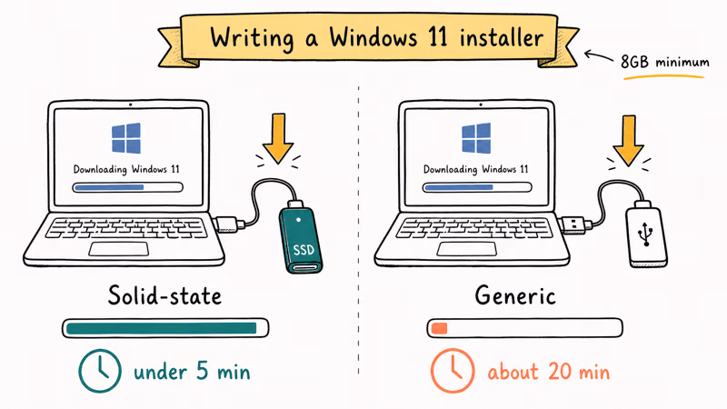 Two USB drives writing a Windows installer, the solid-state drive finishing far faster than a generic stick