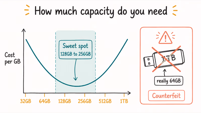 Cost per gigabyte curve bottoming at 128 to 256 gigabytes beside a counterfeit high-capacity drive warning tag