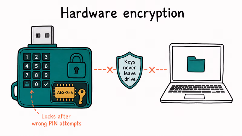 Encrypted USB drive with a PIN keypad keeping AES-256 keys locked on an onboard chip away from the