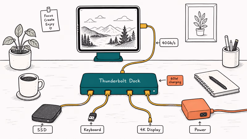 Hand-drawn iPad Pro on a desk wired to a Thunderbolt dock with storage and display